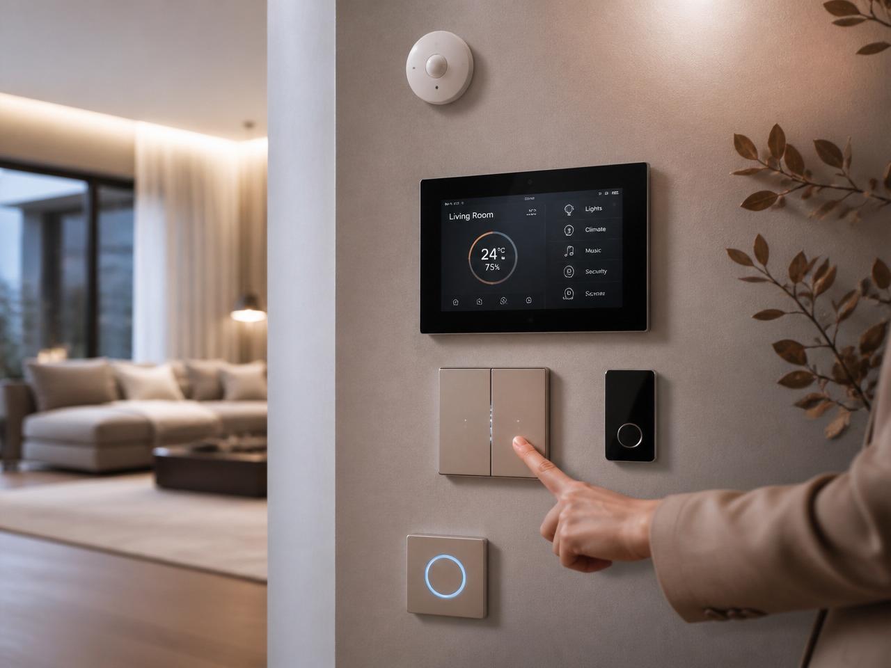 Painel de automação residencial com interruptor inteligente e sensores em parede moderna