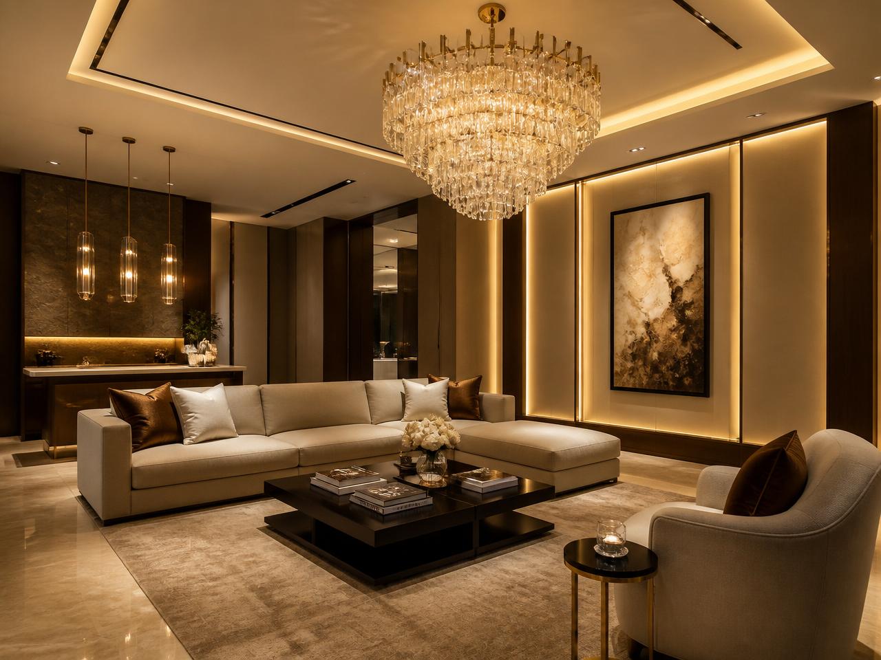 Ambiente residencial iluminado com lustre de cristal, pendentes e iluminação LED indireta